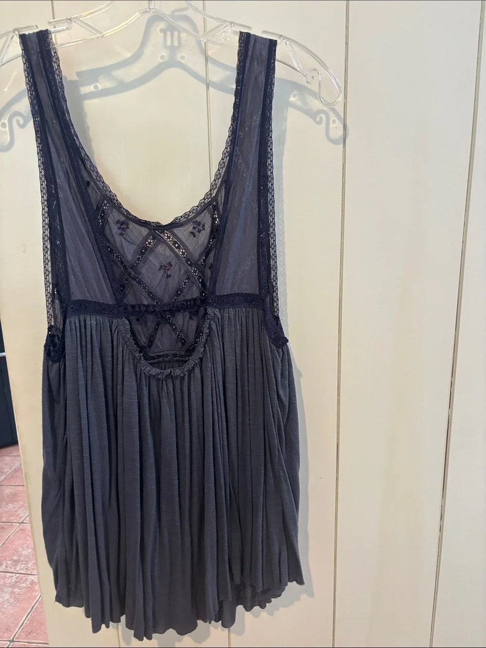Free People Navy Mesh & Lace Embroidered Tank